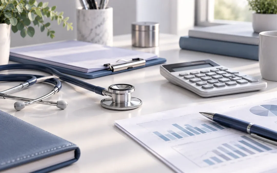 Accountants for Medical Professionals with healthcare accounting documents, calculator and stethoscope in a UK medical practice