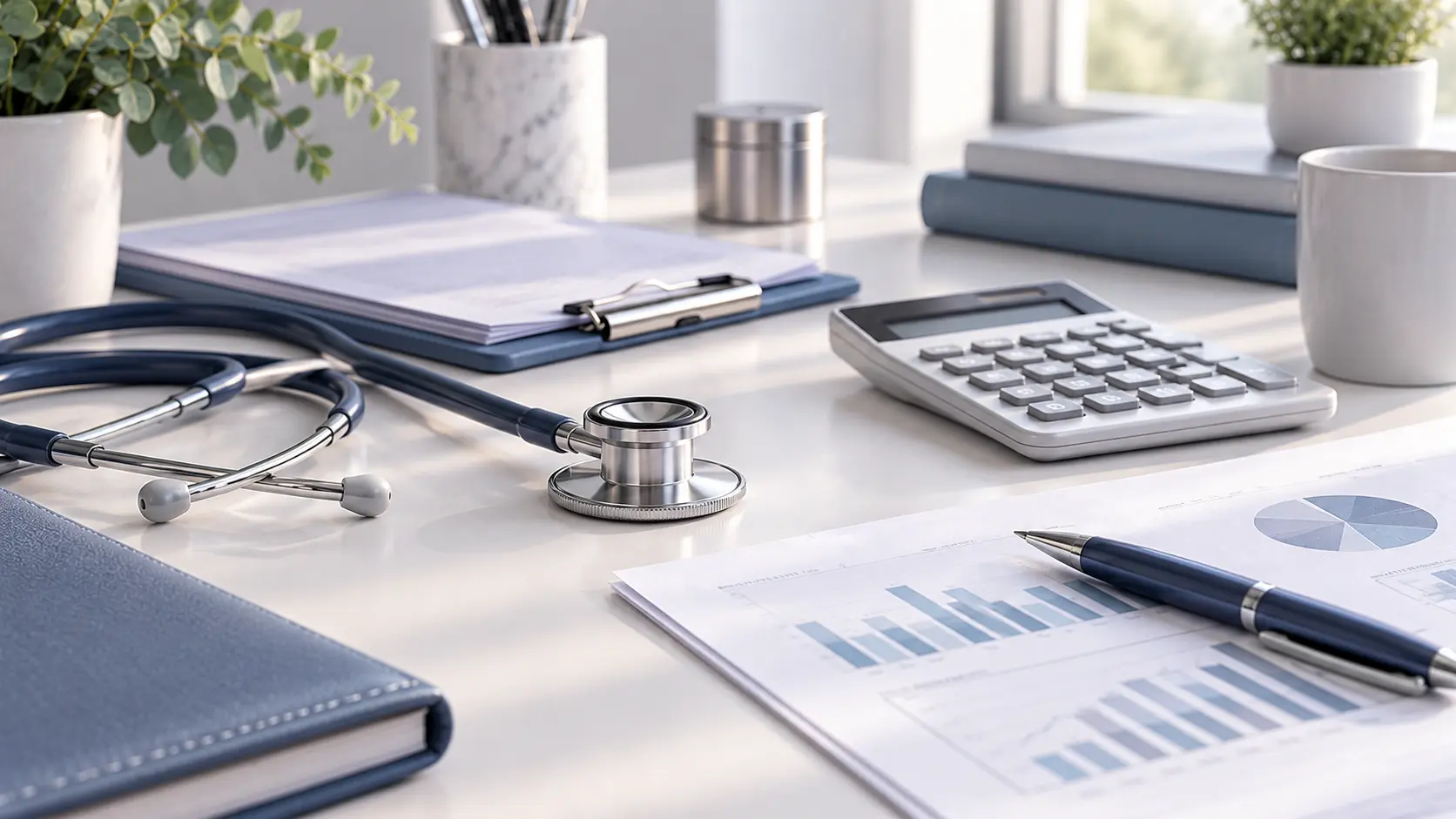 Accountants for Medical Professionals with healthcare accounting documents, calculator and stethoscope in a UK medical practice