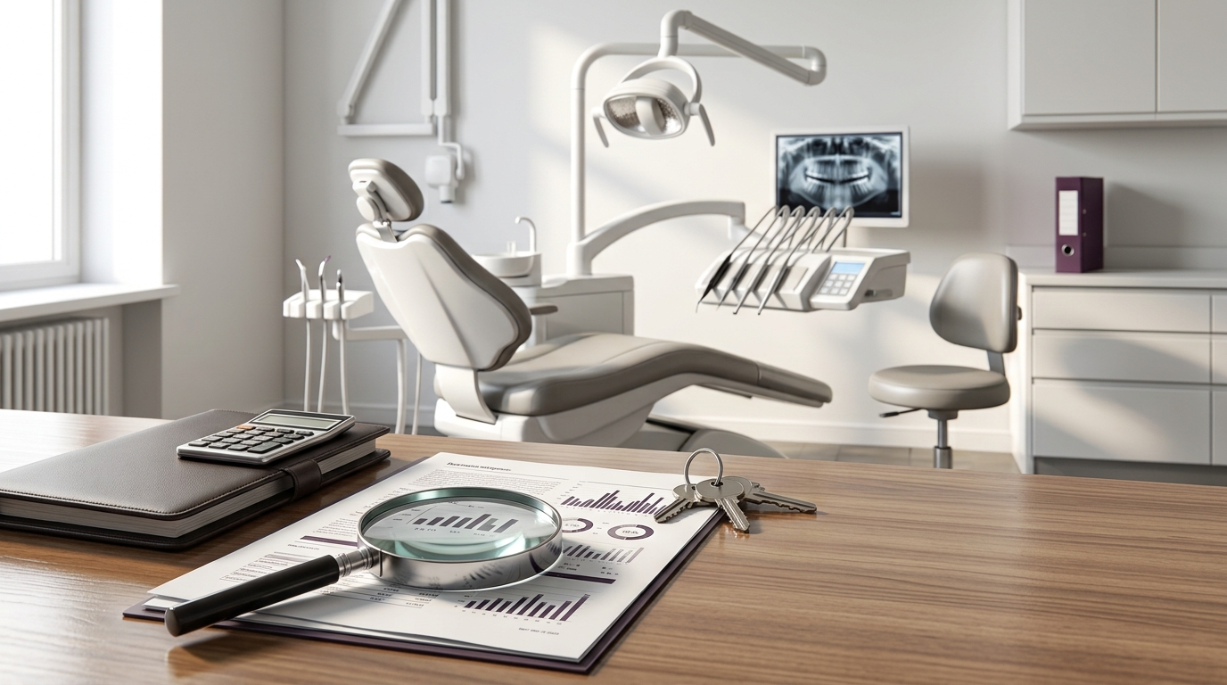 Buying a dental practice financial due diligence with dental clinic, calculator, financial documents and practice keys