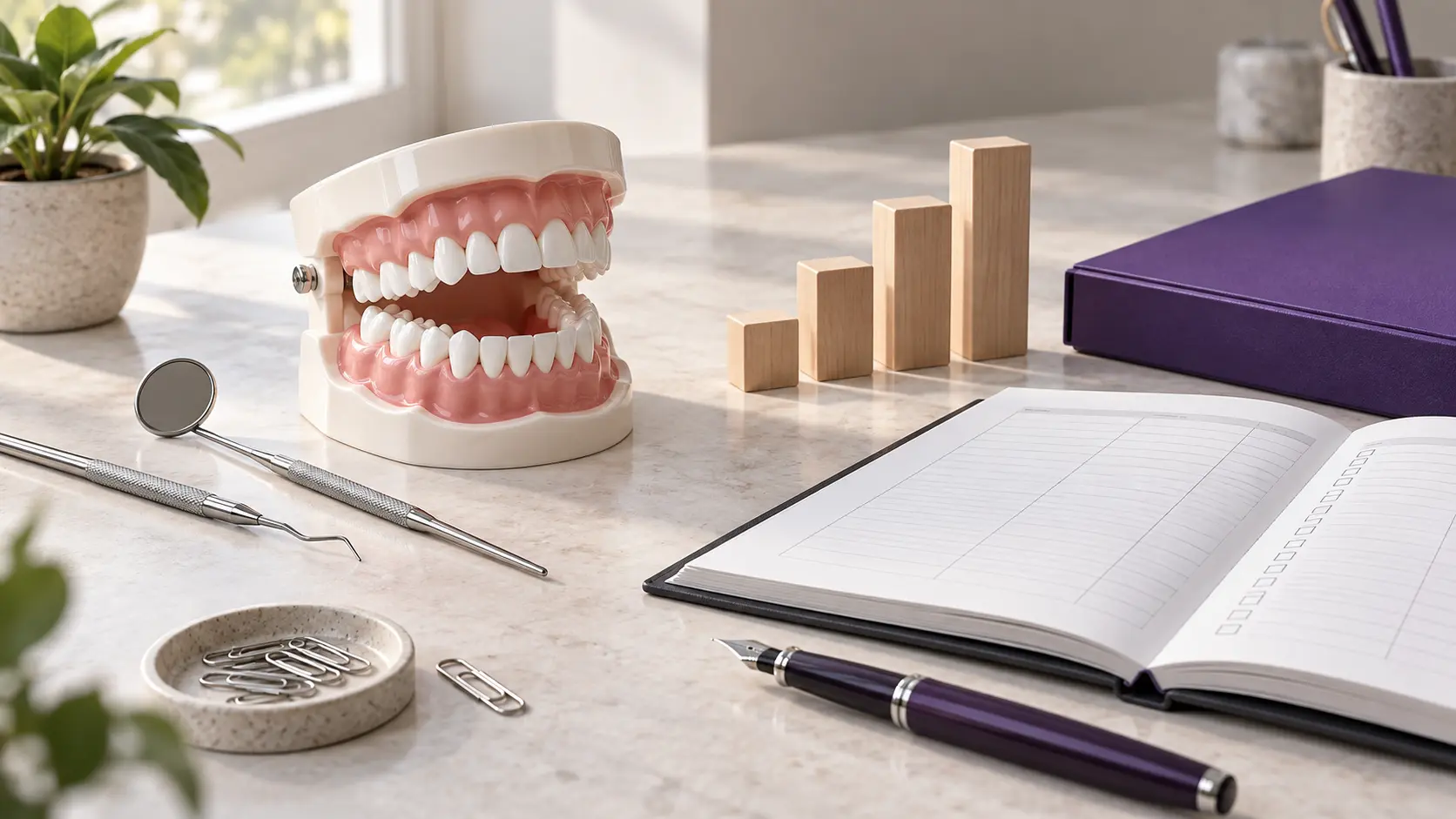 Dental practice accounts represented by a dental model, accounting ledger, dental instruments and financial growth blocks.