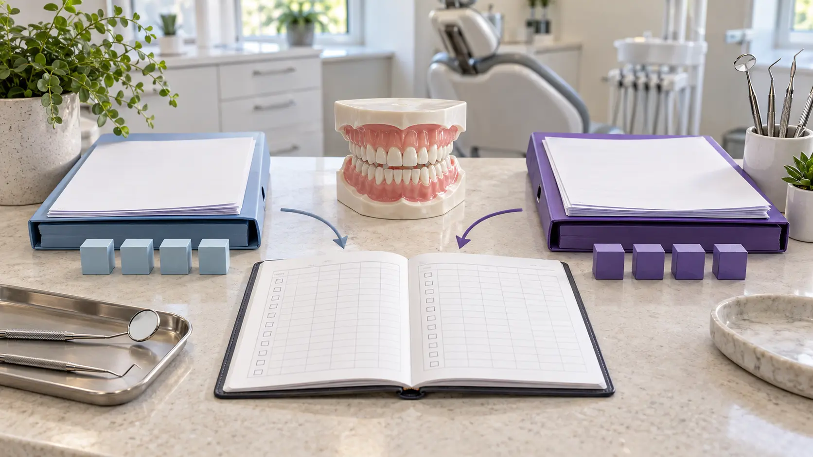 NHS vs private income for dental practices shown with a dental model, separate accounting folders and one central ledger