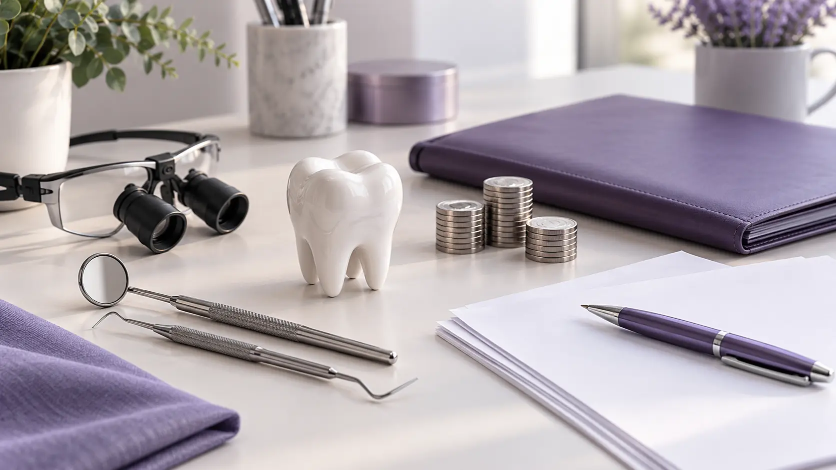 Tax planning for dental associates with dental instruments, a calculator and financial records on a desk