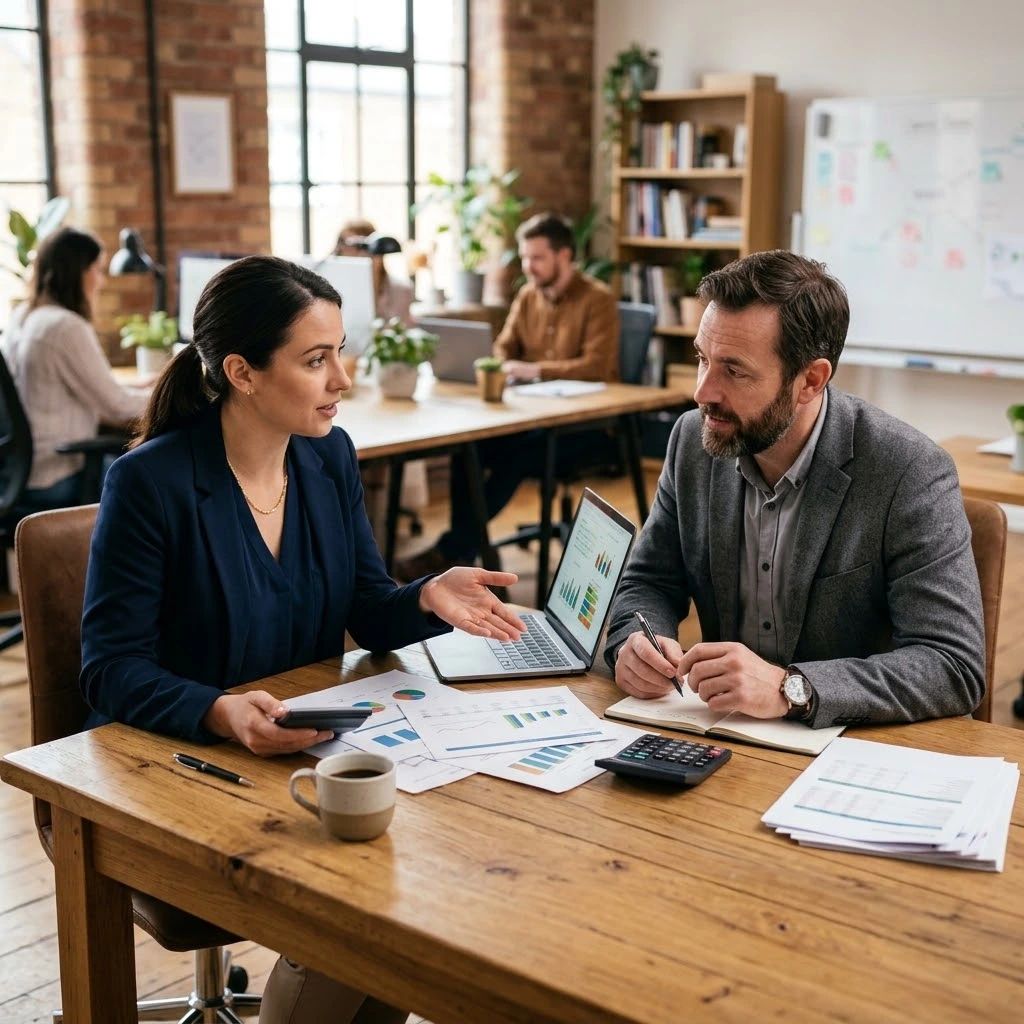 Marketing agency owner reviewing financial reports, cash flow and business performance at a desk