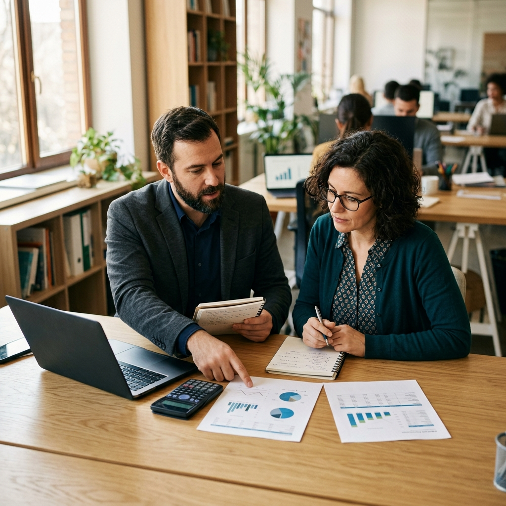 Accountant reviewing financial reports with a marketing agency owner in a modern office